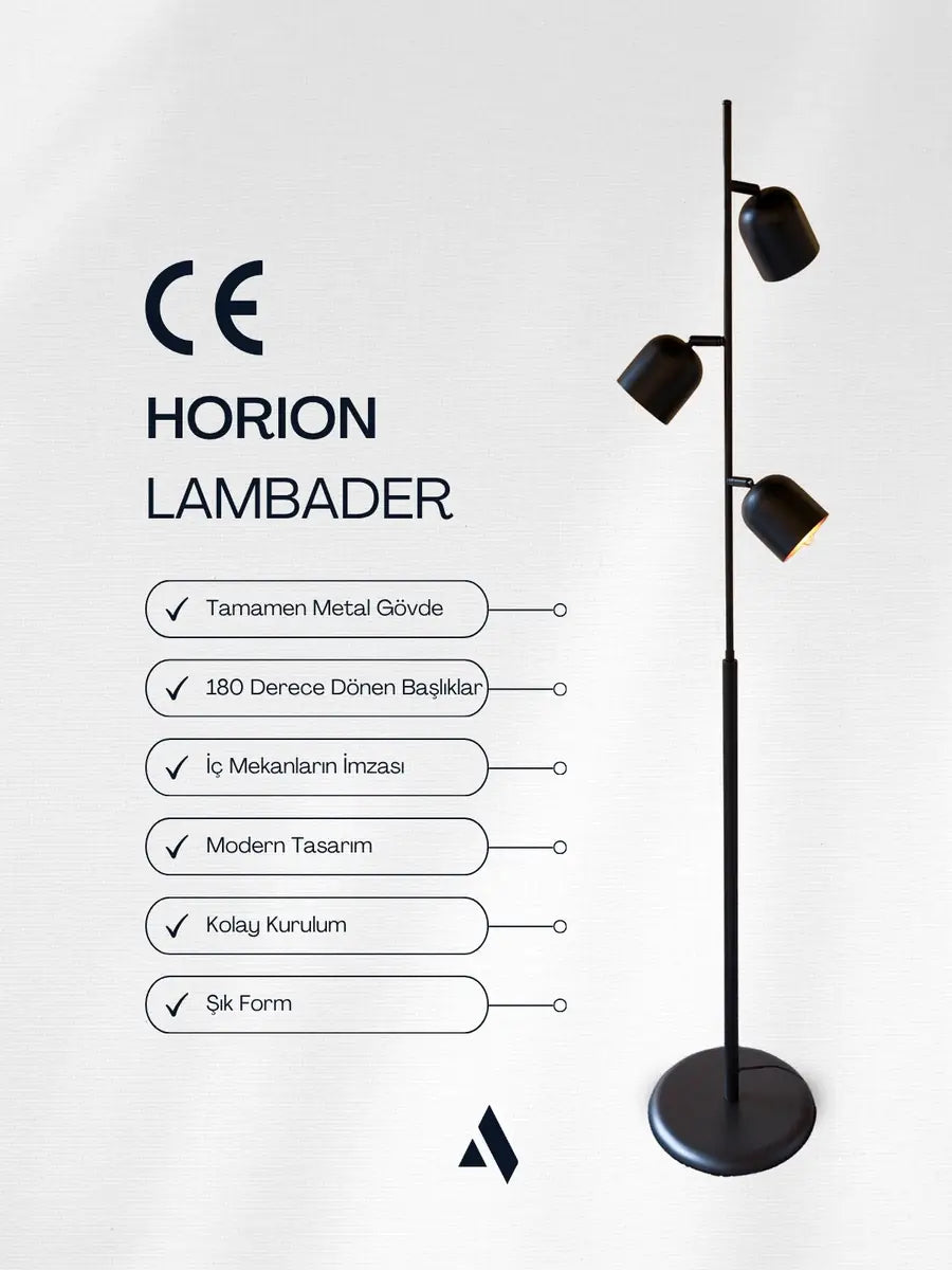 Horion Siyah Metal Lambader – 3 Başlıklı, Ayarlanabilir Modern Lambader | Ev ve Ofis için Dekoratif Aydınlatma