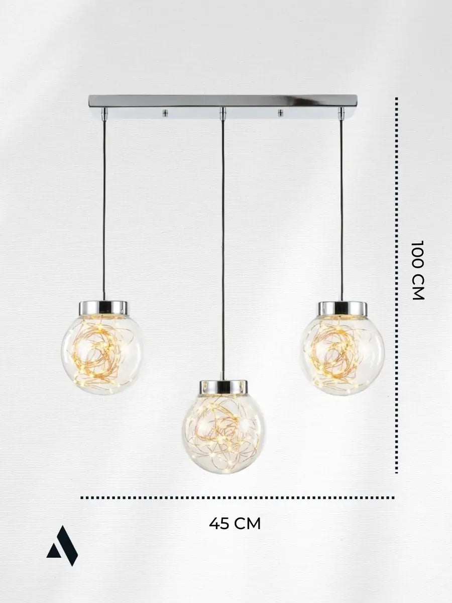 Glow 3’lü Sıralı Peri LED Avize – Cam Küre Dekoratif Yemek Masası Avizesi