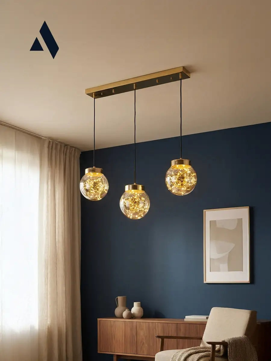 Glow 3’lü Sıralı Peri LED Avize – Cam Küre Dekoratif Yemek Masası Avizesi