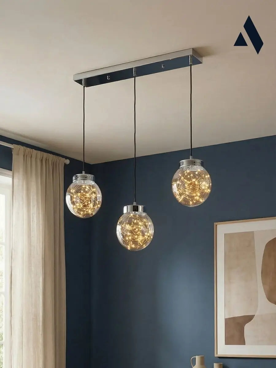 Glow 3’lü Sıralı Peri LED Avize – Cam Küre Dekoratif Yemek Masası Avizesi