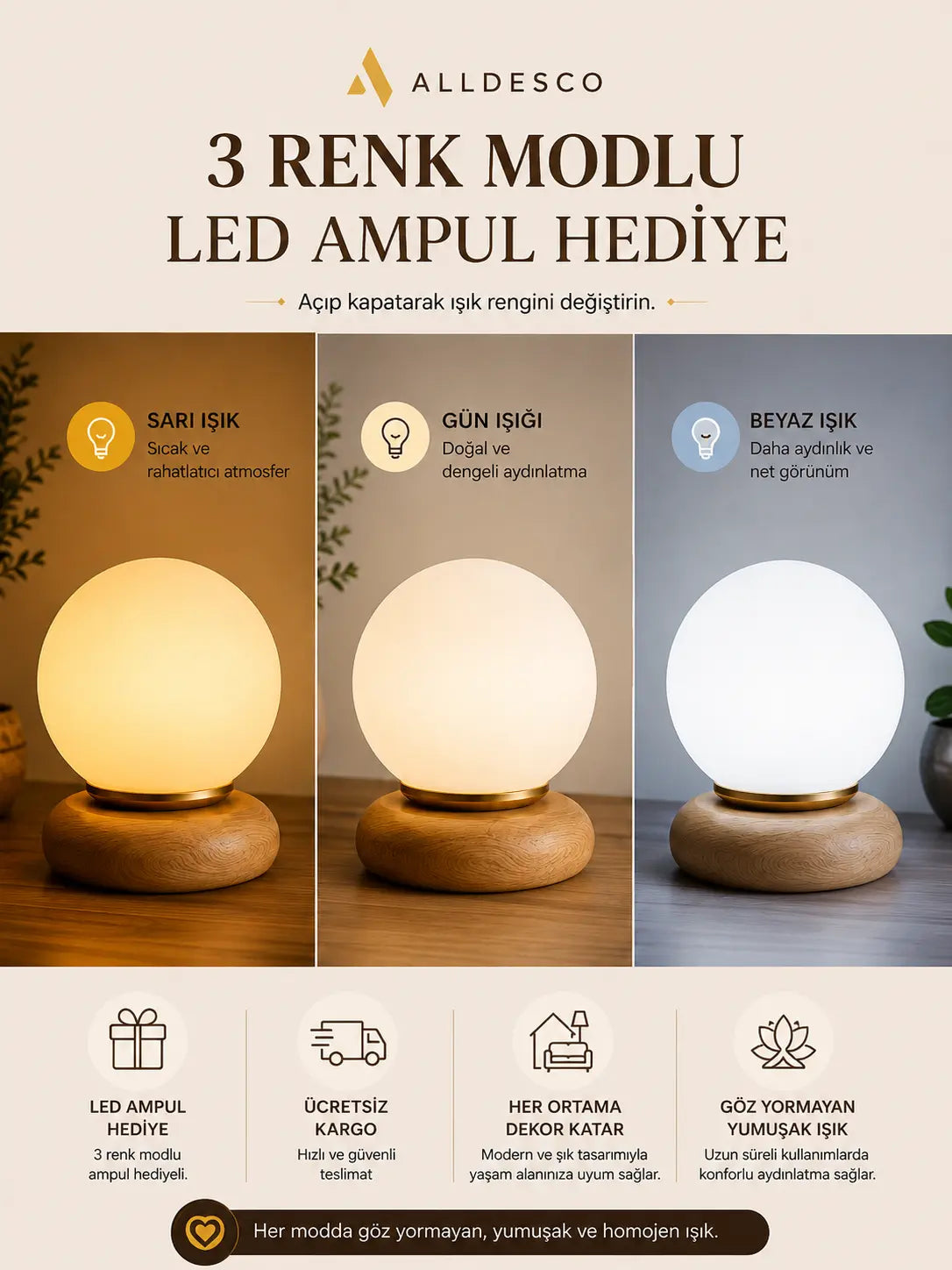 Orbina Soft Masa Lambası – Ahşap Tabanlı Opal Cam Dekoratif Masa Lambası