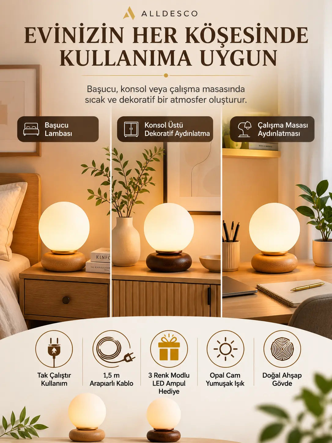 Orbina Soft Masa Lambası – Ahşap Tabanlı Opal Cam Dekoratif Masa Lambası