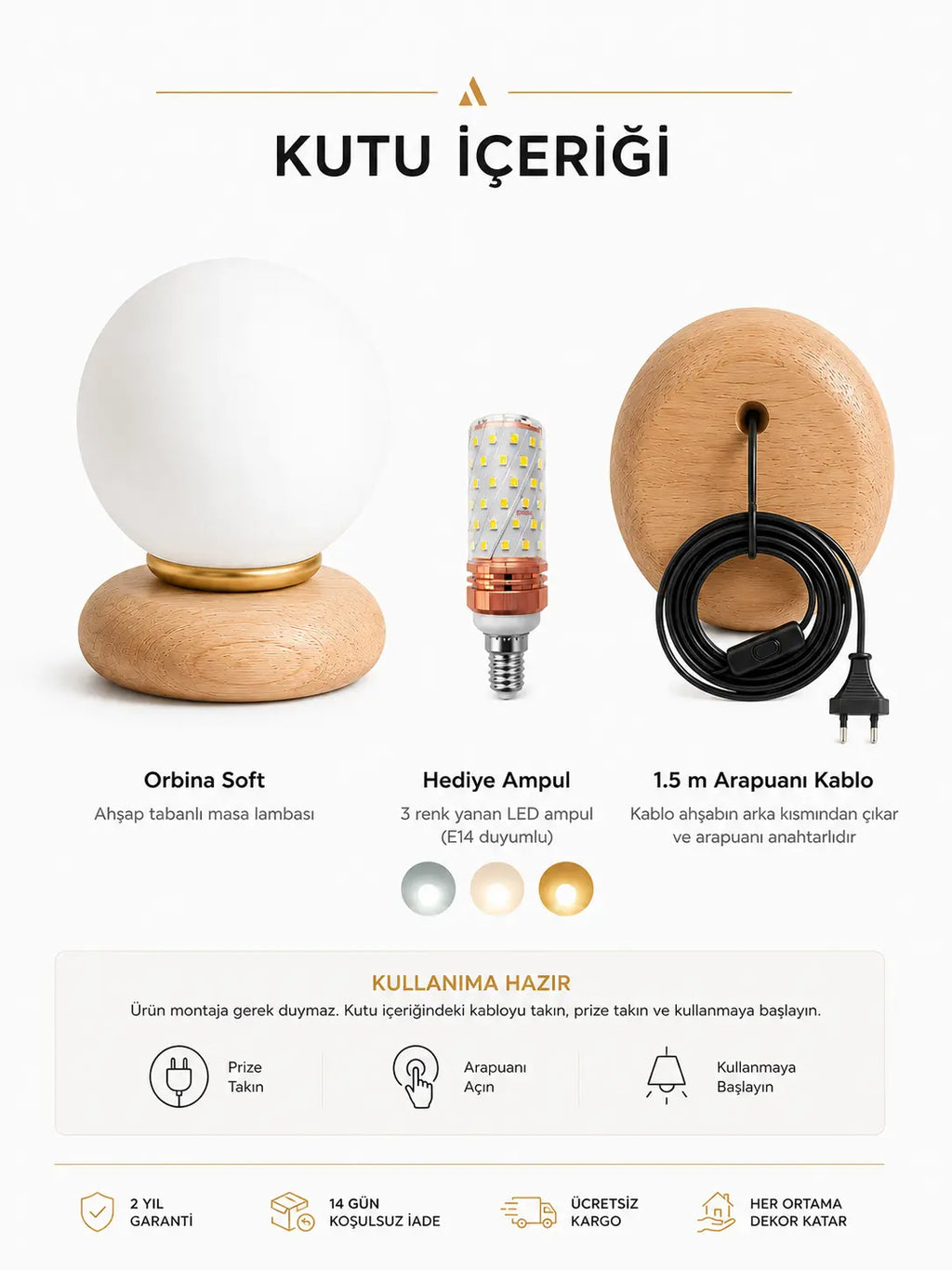Orbina Soft Masa Lambası – Ahşap Tabanlı Opal Cam Dekoratif Masa Lambası