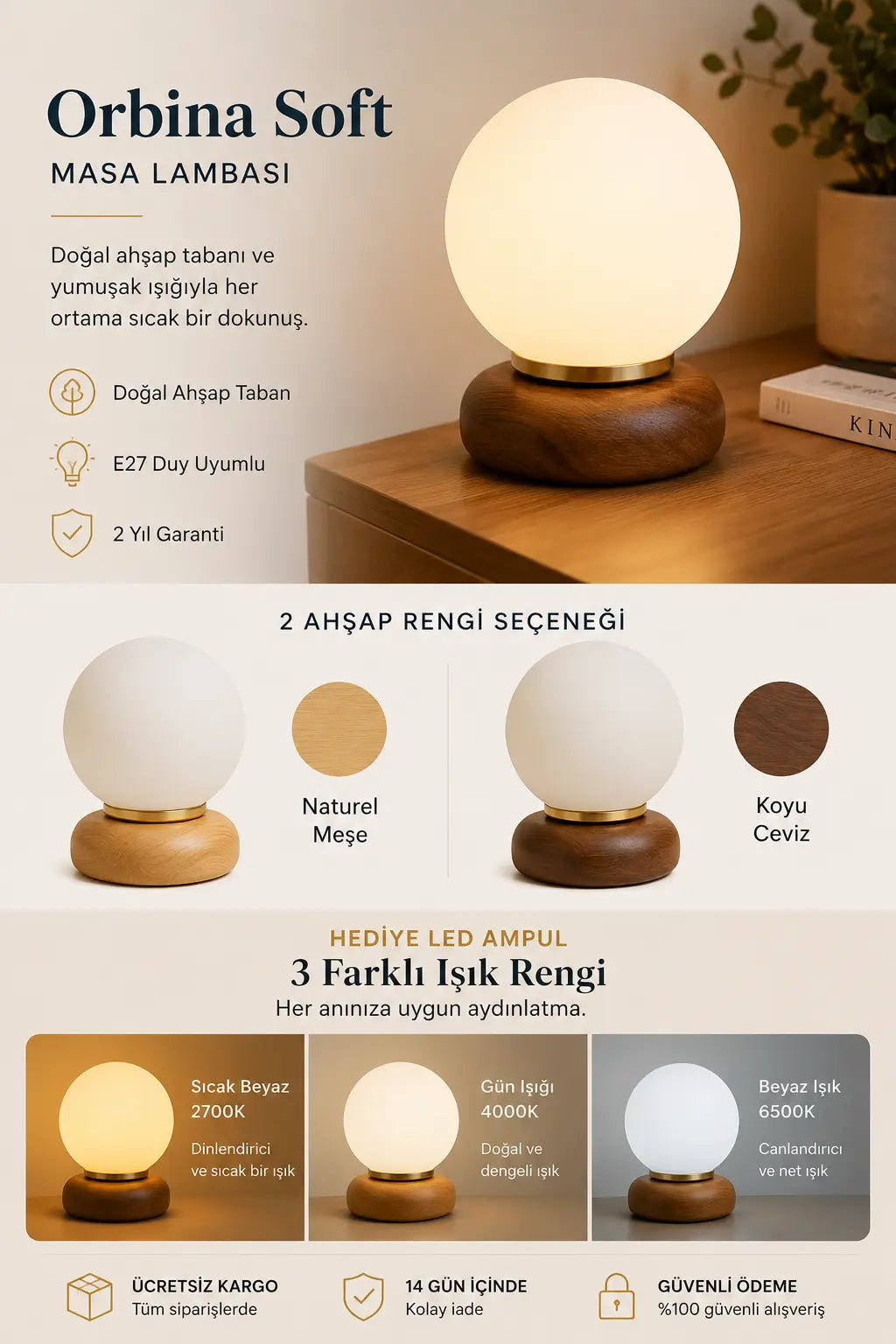 Orbina Soft Masa Lambası – Ahşap Tabanlı Opal Cam Dekoratif Masa Lambası