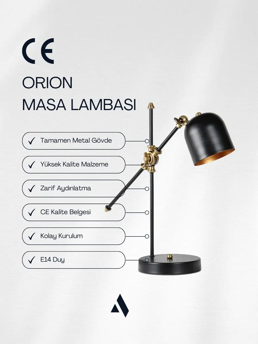 Orion Modern Masa Lambası – Siyah & Eskitme Gold | Göz Yormayan Işık, Şık Tasarım